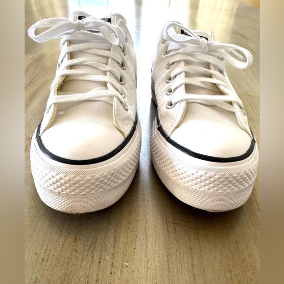Converse All Star White Platform Low Top Canvas Sneakers with Black Trim - Picture 2 of 8